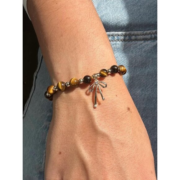 Tiger Eye Flower Handmade Stretch Dainty Bead Bow Charm Bracelet for Women - Picture 2 of 6